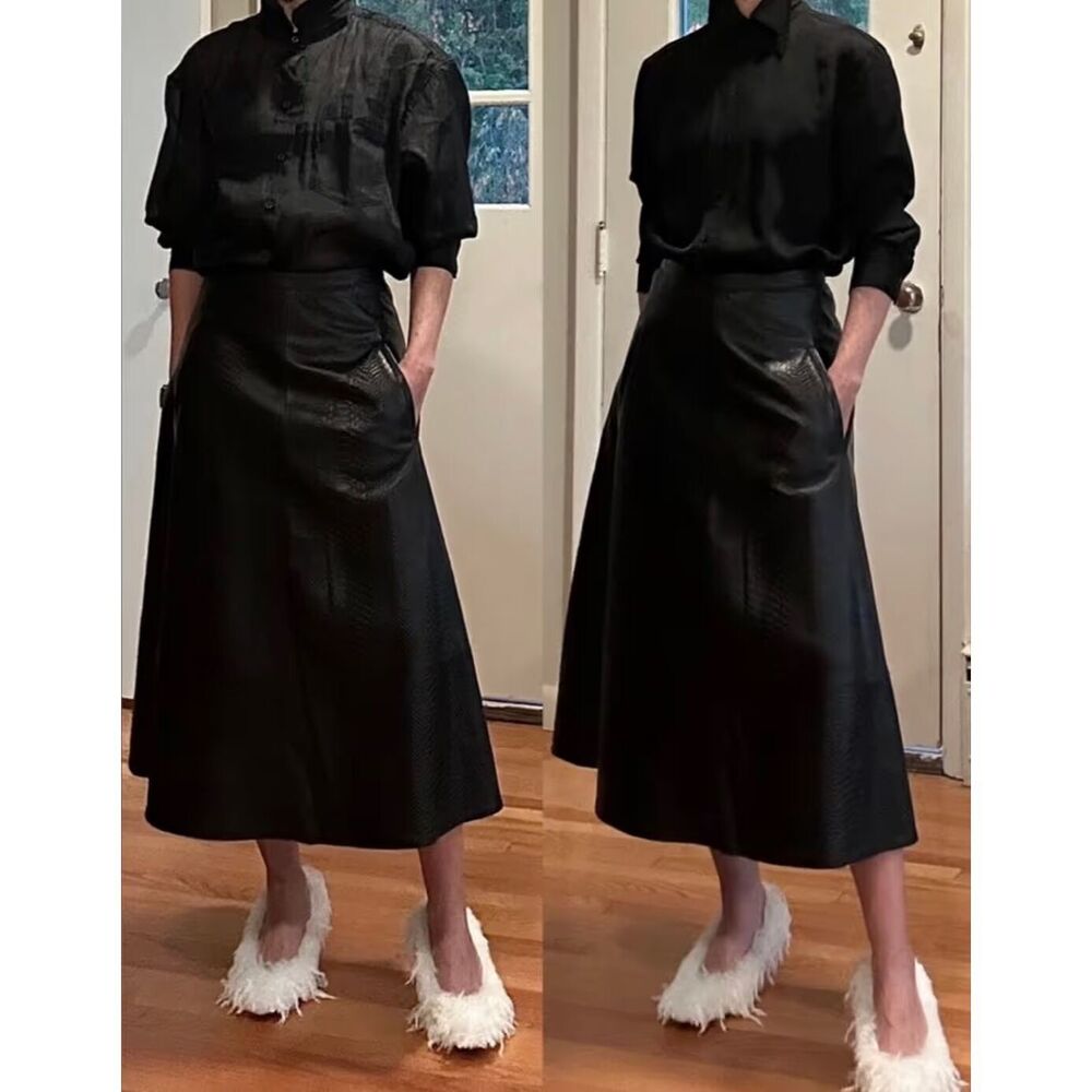 Tibi Lamb Leather Midi Length Skirt w/ Tags - Picture 6 of 11